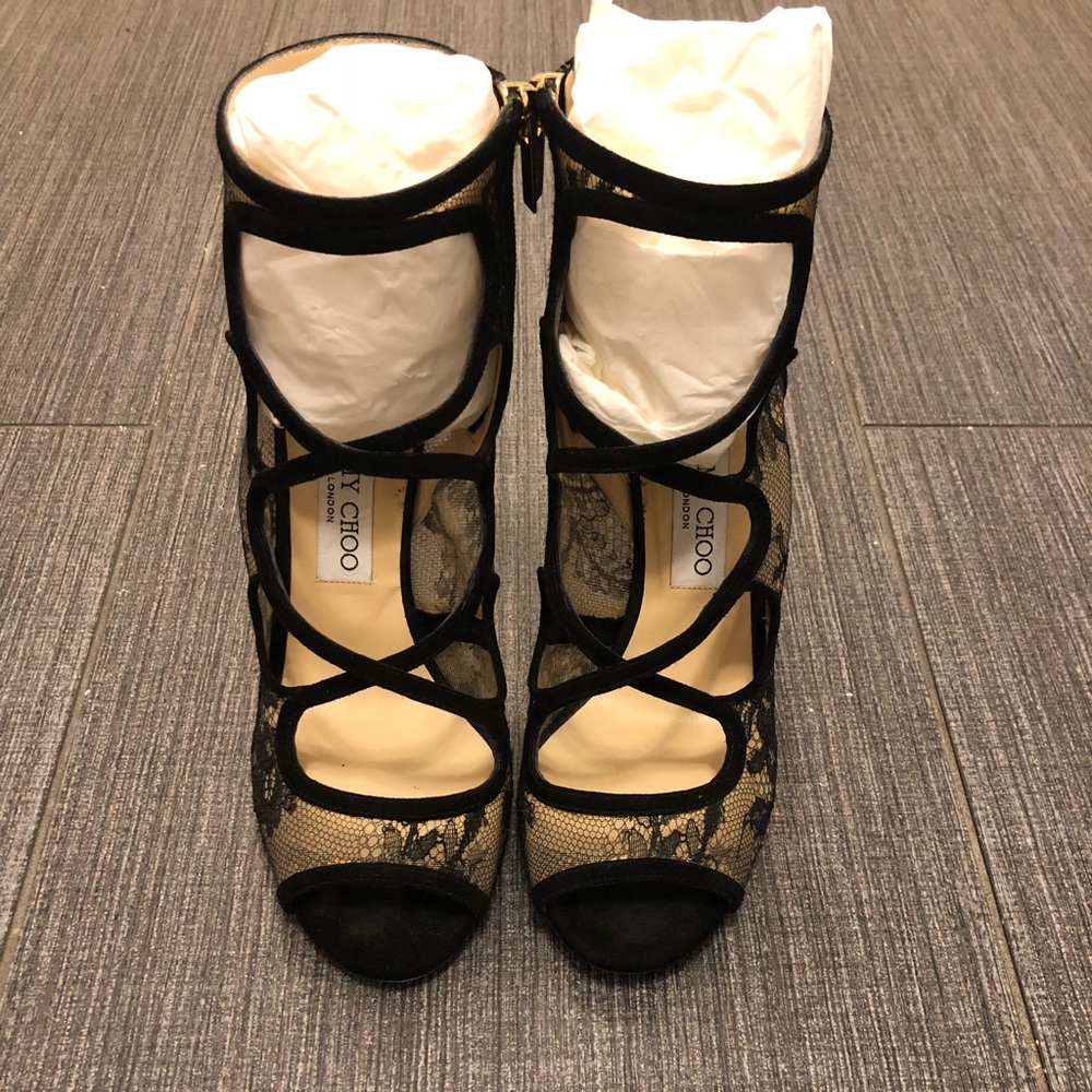 JIMMY CHOO black lace open toe booties size 38.5